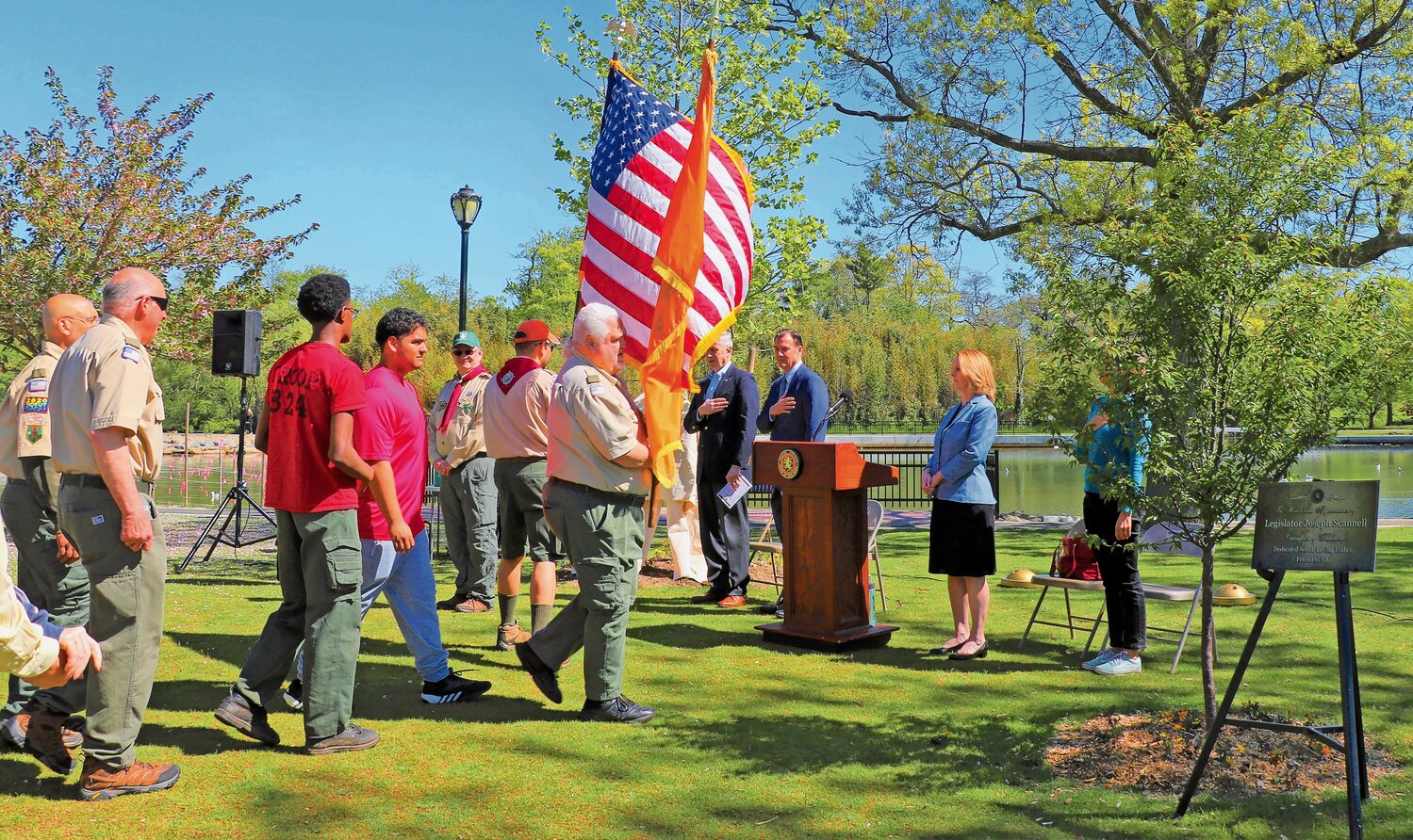 The Boy Scout Troop 824 and 182 led the pledge of allegiance at the ceremony, which was symbolic, as Joseph Scannell was a scout member.