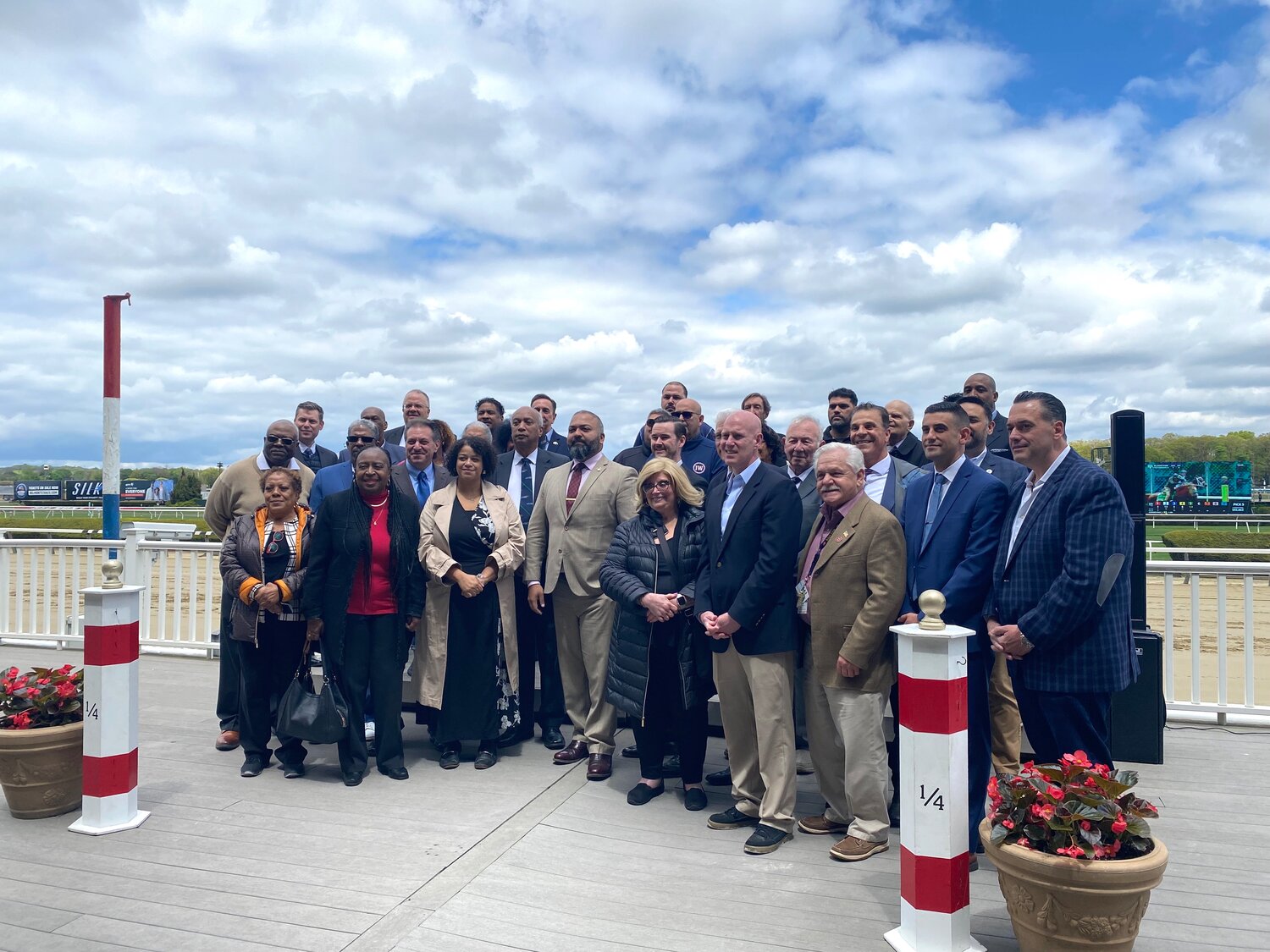 Elected officials, Elmont community leaders and others joined the New York Racing Association at Belmont Park to kick off opening day on May 4, and to announce the state’s approval of a $455 million loan to renovate the historic horse racing facility.