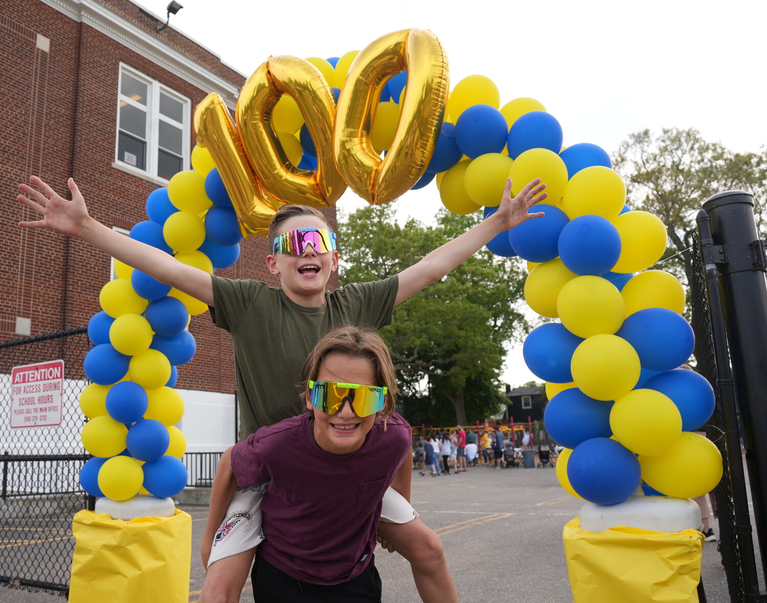 Camp Avenue School, in North Merrick, celebrated its centennial at a special celebration on May 12. Triton and Aris Cimino, both in third grade, couldn’t contain their excitement as they walked through the 100th anniversary balloon display.