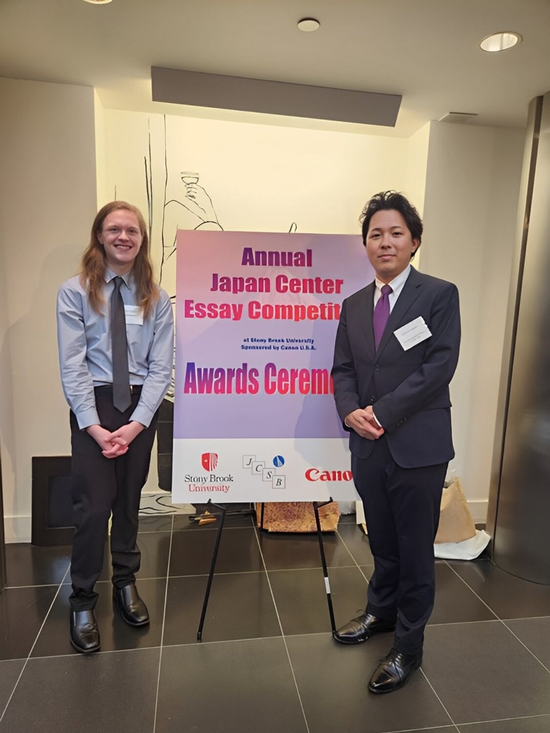 Aiden Sargent, a 12th-grader, won Stony Brook University’s Japan Center essay competition, as well as the Consul General of Japan Special Award. He stands here with Consul Satoshi Nagano from the Consulate General of Japan in New York.