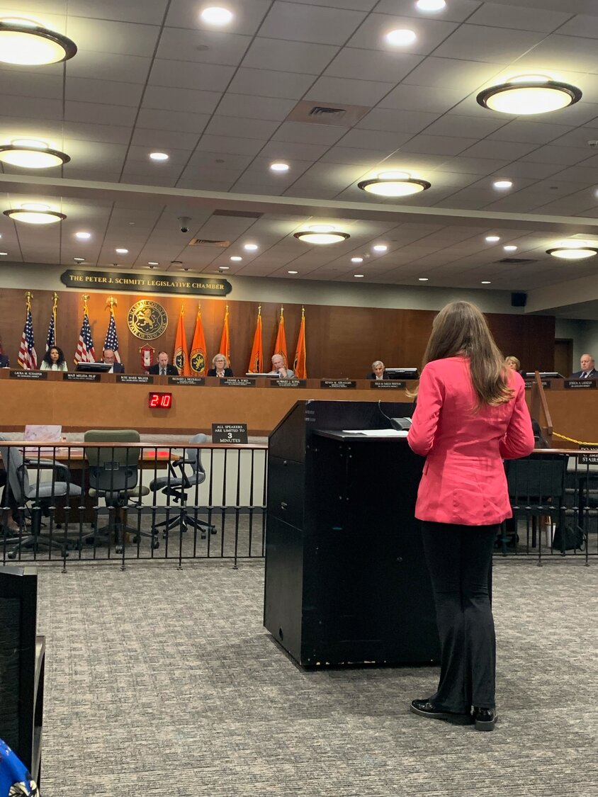 Sofie Glassman, an East Meadow High School sophomore, spoke about her experiences with antisemitism at a public forum held by the Nassau County Legislative Task Force.