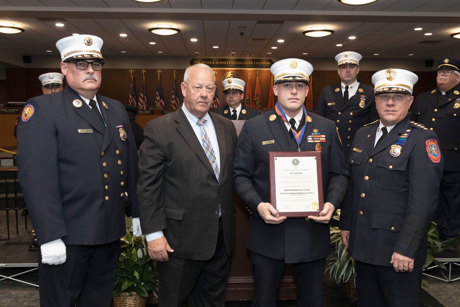 Freeport Mayor Robert Kennedy alongside Assistant Chief, Anthony Sotira who was proudly presented the Silver Medal of Valor by the Nassau County Fire Commission for his heroic actions during a fire rescue last November.