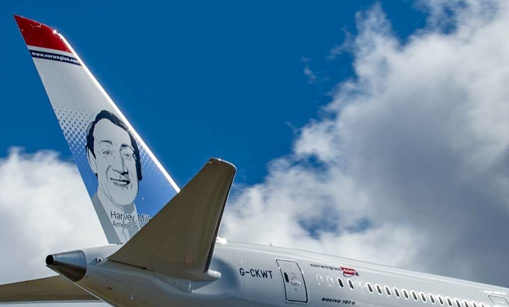California declared May 22, 2023 Harvey Milk Day in honor of the slain LGBTQ+ community rights advocate. Above, Milk’s face on the Boeing 787-9 Dreamliner.