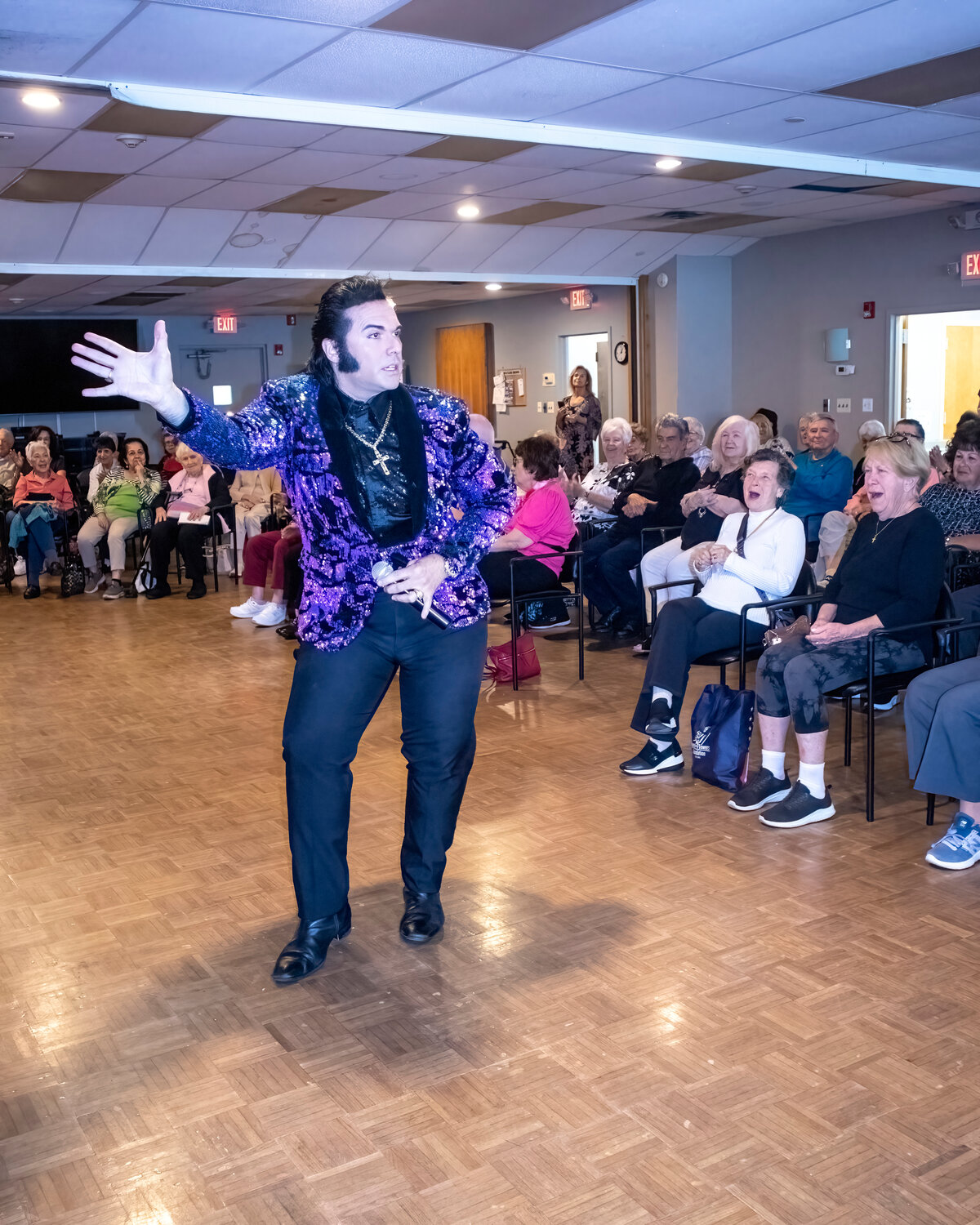 ‘What’s new pussycat?’ Tom Jones impersonator Lamar Peters performs the hits for the seniors at the Sandel Center in Rockville Centre.