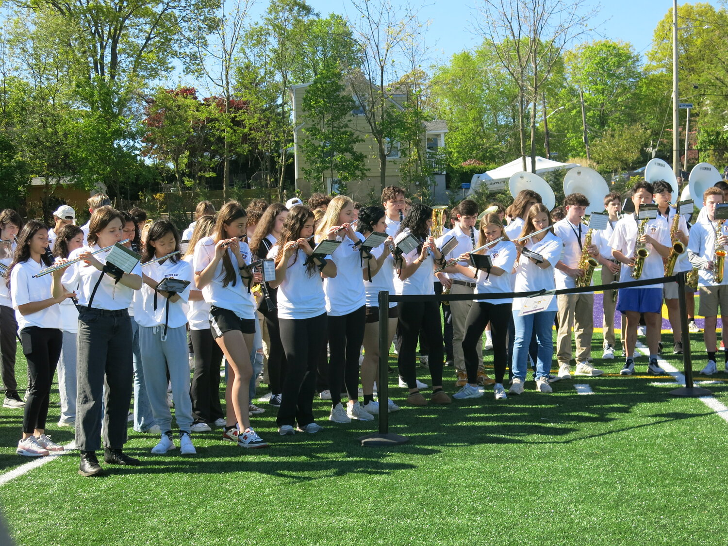 The Oyster Bay High School band performed at the May 6 ribbon-cutting ceremony for the new artificial-turf field.