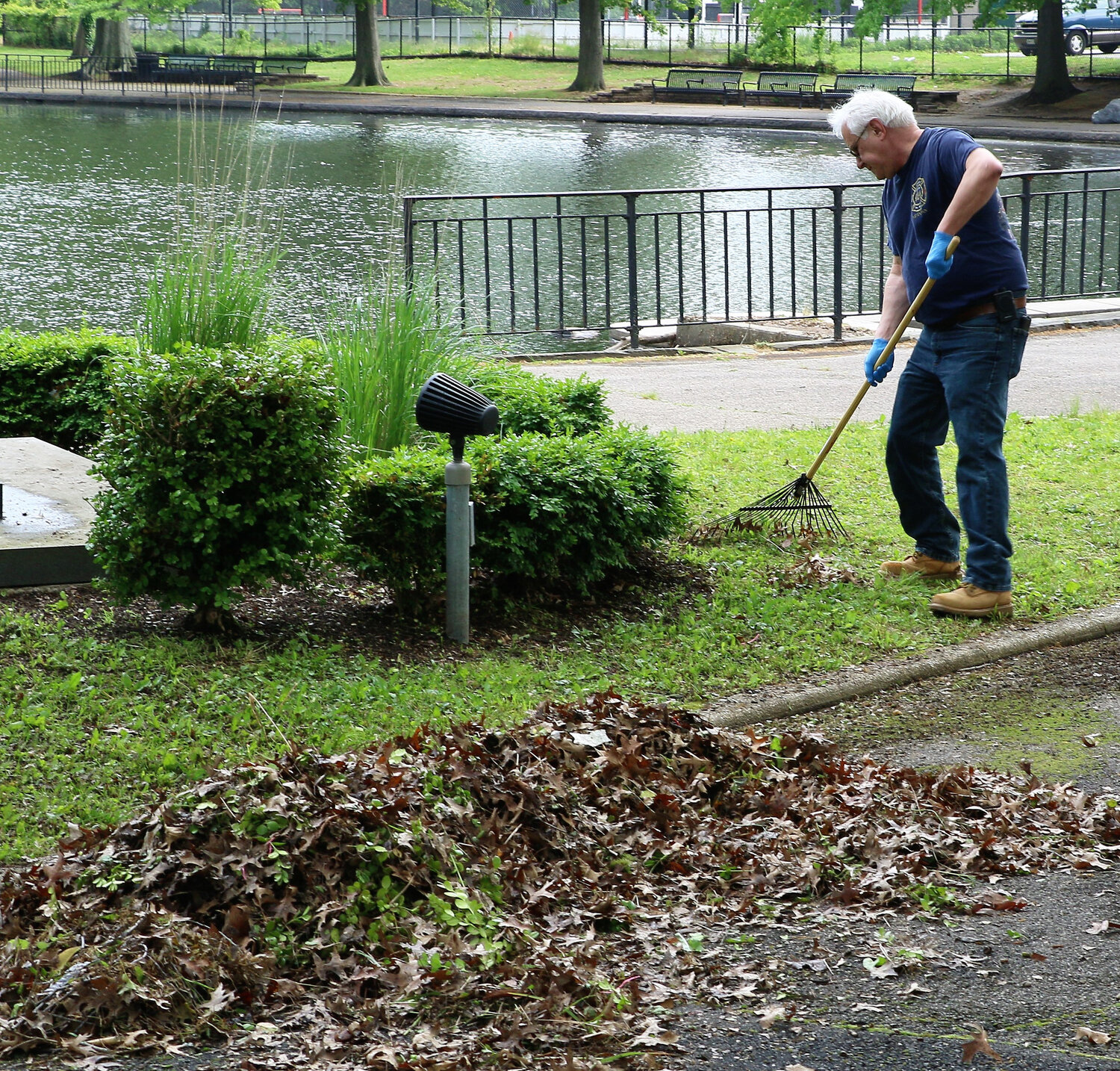 Bob Shelly helps rake up and clean up some debris around the pond.