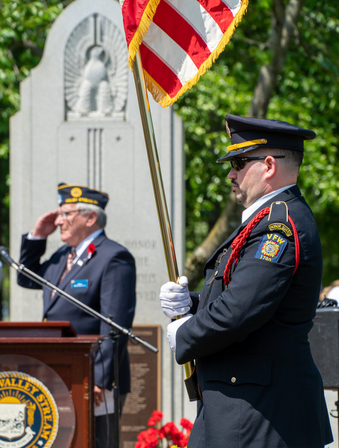 Veterans saluted the names of the fallen Valley Stream soldiers at the memorial monument at the Village Green on May 29.