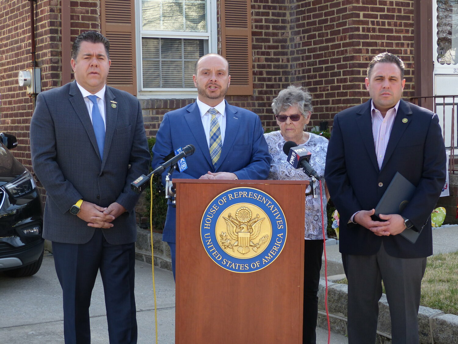 Rep. Andrew Garbarino, second from left, has introduced a bill — named for the young victim of a 2005 boating accident — aimed at boating safety education and training. His colleagues, Reps. Nick Lalota, far left, and Anthony D’Esposito, far right, have cosponsored the bill.