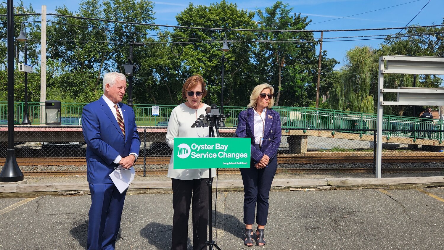 Assembleyman Charles Lavine, left, LIRR interim president Catherine Rinaldi and Glen Cove Mayor Pamela Panzenbeck spoke are hopeful the changes to the Oyster Bay branch will improve commutes for those who depend on the train’s service.