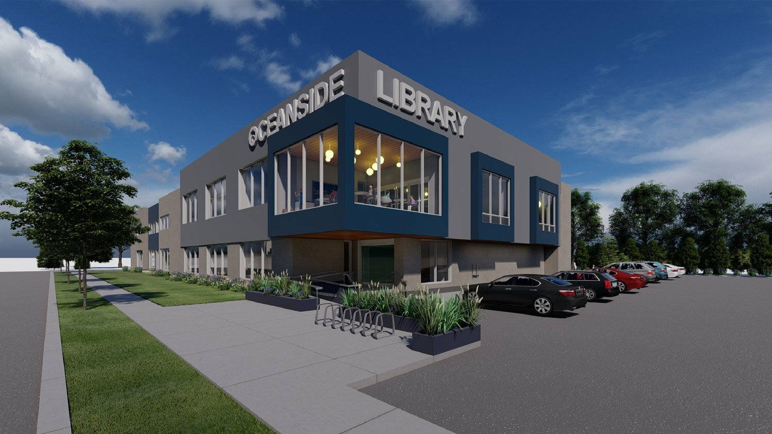 The Oceanside library plans to unveil new renovations next June. Renderings show the modern look the facility will have when work is completed. Library officials hope libraries across Long Island will benefit from more state funding by then.