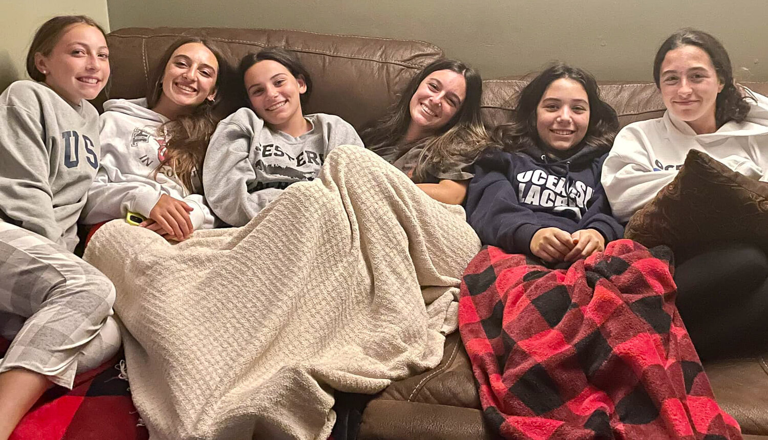 Relaxing at home with Ava, second from right, between her treatments last December were Lana Landa, Vanessa Frangiadakis, Samantha Gemmo, Emma Olenick and Julianna Ewashko.