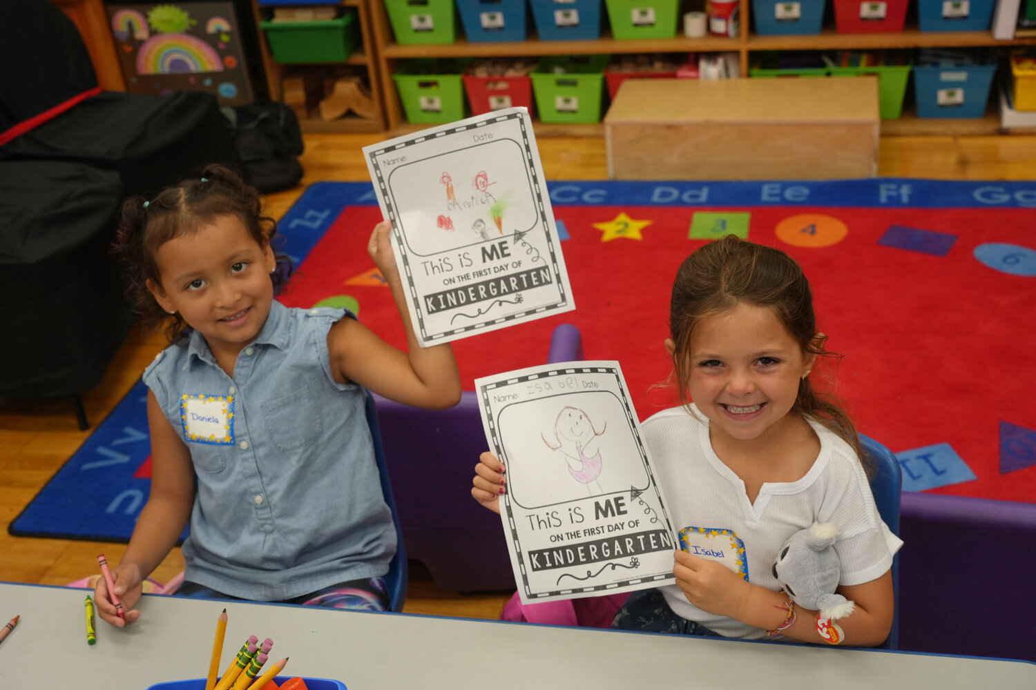 Kindergarten classmates Daniela Campos and Isabel Culver are excited for their first day of school at Covert Elementary.