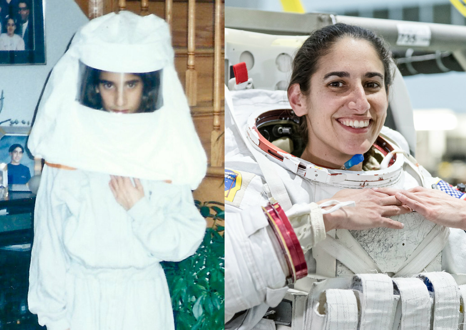Jasmin Moghbeli dressed as an astronaut for a Lenox Elementary School project as a sixth-grader in December, 1994, left. She graduated from NASA’s Artemis program Jan. 10.