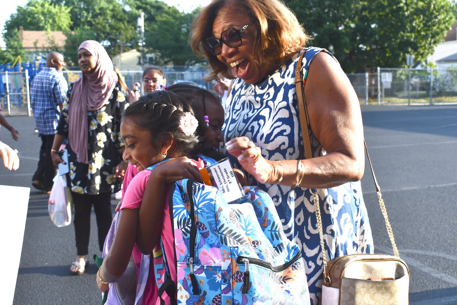 Davison Avenue third graders Lianna and Kendi share their back to school excitement with Malverne Superintendent Lorna Lewis.