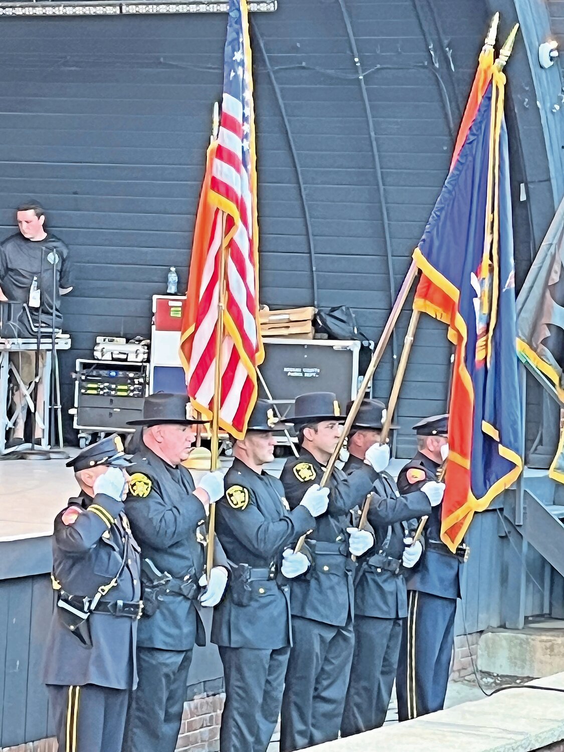 The Nassau County Police Department Color Guard and the Nassau County Sheriff’s Department Honor Guard present the colors for the ‘Star-Spangled Banner’ at Nassau County’s 9/11 Remembrance Ceremony at Eisenhower Park on Monday.
