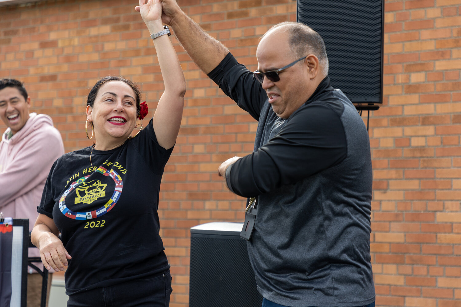Dr. Estrella Olivares-Orellana, Uniondale’s director of multilingual learners, and Michael Ouellette, a bilingual social studies teacher, took part in the salsa lessons, and showed the youngsters how it’s done.