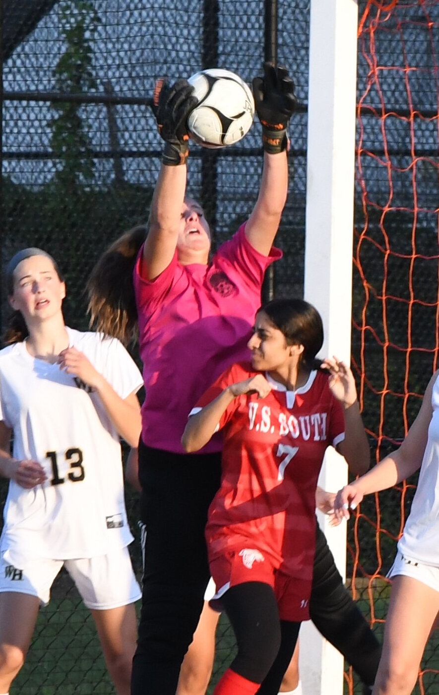 Junior Sophia Ciminera was dynamic in goal for West Hempstead in its 4-0 victory at Valley Stream South Sept. 20, making 14 saves.
