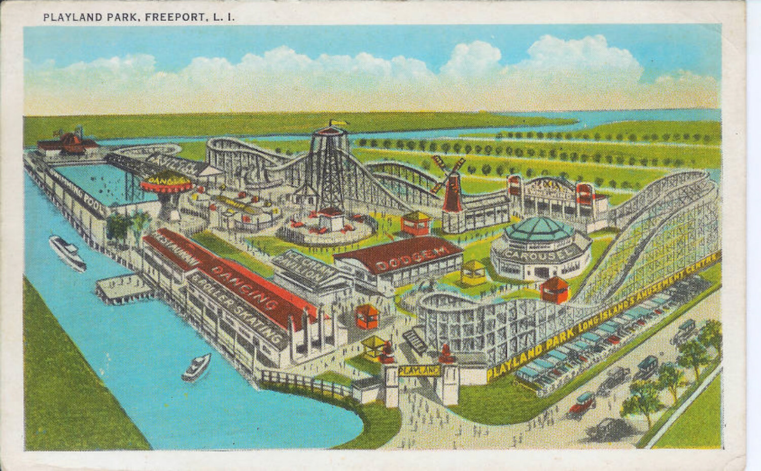 A colorized postcard of Playland Park in Freeport, which captivated visitors with its enchanting amusement park atmosphere reminiscent of Coney Island. This amusement park, situated on a nine-acre site, sat in the southeastern area of Front and South Grove Streets.