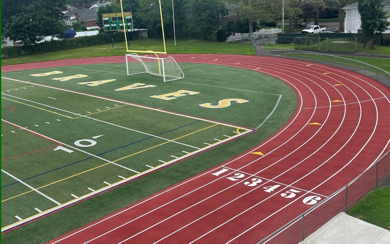 The track at Grand Avenue was resurfaced. Similar renovations are coming to Merrick Avenue Middle School as well, and will be completed during the summer of 2024.