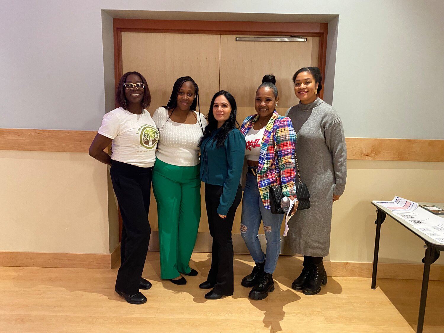 Tracey Little, far left, Sharon Turnage, Marcella Pizzo, Nordrene Henry and Amina Woods at an Equity 4 LI Youth event last week in East Meadow, where the focus was on perinatal loss in minority communities.