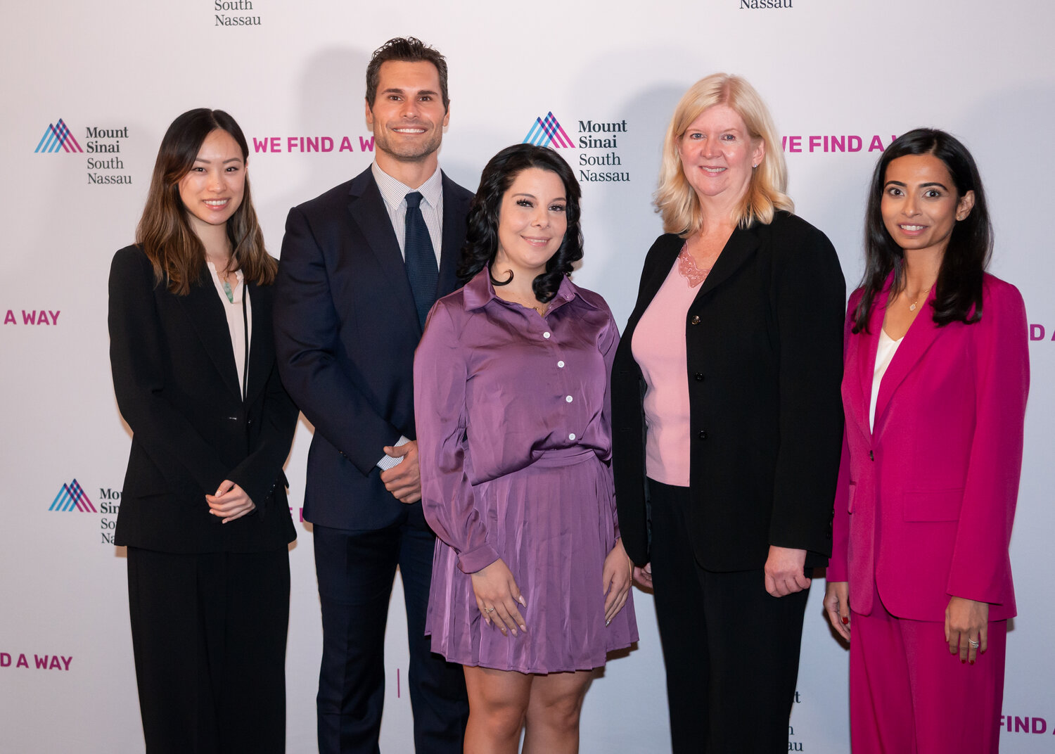 From left is Lillian Huang, surgical breast oncology fellow, Michael Zeidman, surgical breast oncologist, Angela Santopolo, of Howard Beach, Christine Hodyl, director of breast health services, at Mount Sinai South Nassau, Dhvani Thakker, director of women’s medical oncology at Mount Sinai South Nassau.