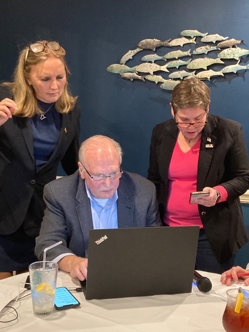 Tallying the votes for the 2023 Glen Cove election were from left, Leg. Delia DeRiggi-Whitton, Mike Norman and City Councilwoman Marsha Silverman. DeRiggi-Whitton and Silverman were reelected by a wide margin.