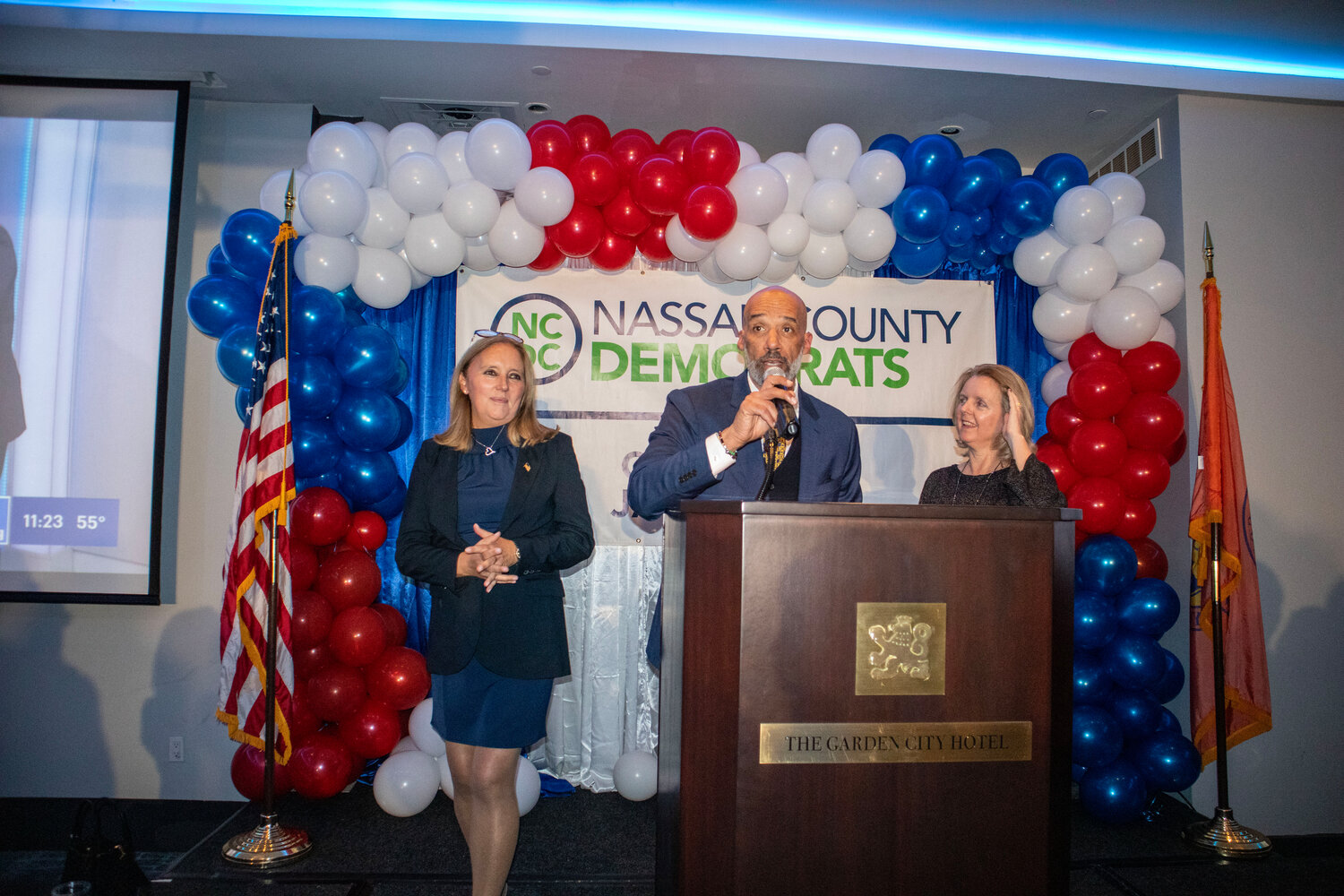 Scott Davis declares victory in the Nassau County Legislature’s 1st District at the Democratic watch party, having defeated his Republican opponent, Michael Lucchesi, with 55 percent of the vote.