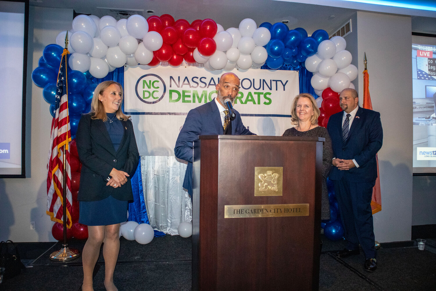 Democratic candidates, from left to right, Delia DeRiggi-Whitton, Scott Davis, Debra Mulé, and Seth Koslow won their races Tuesday evening. Mulé won with an unofficial vote of 3,042 to 2,086 beating her opponent Ben Jackson.