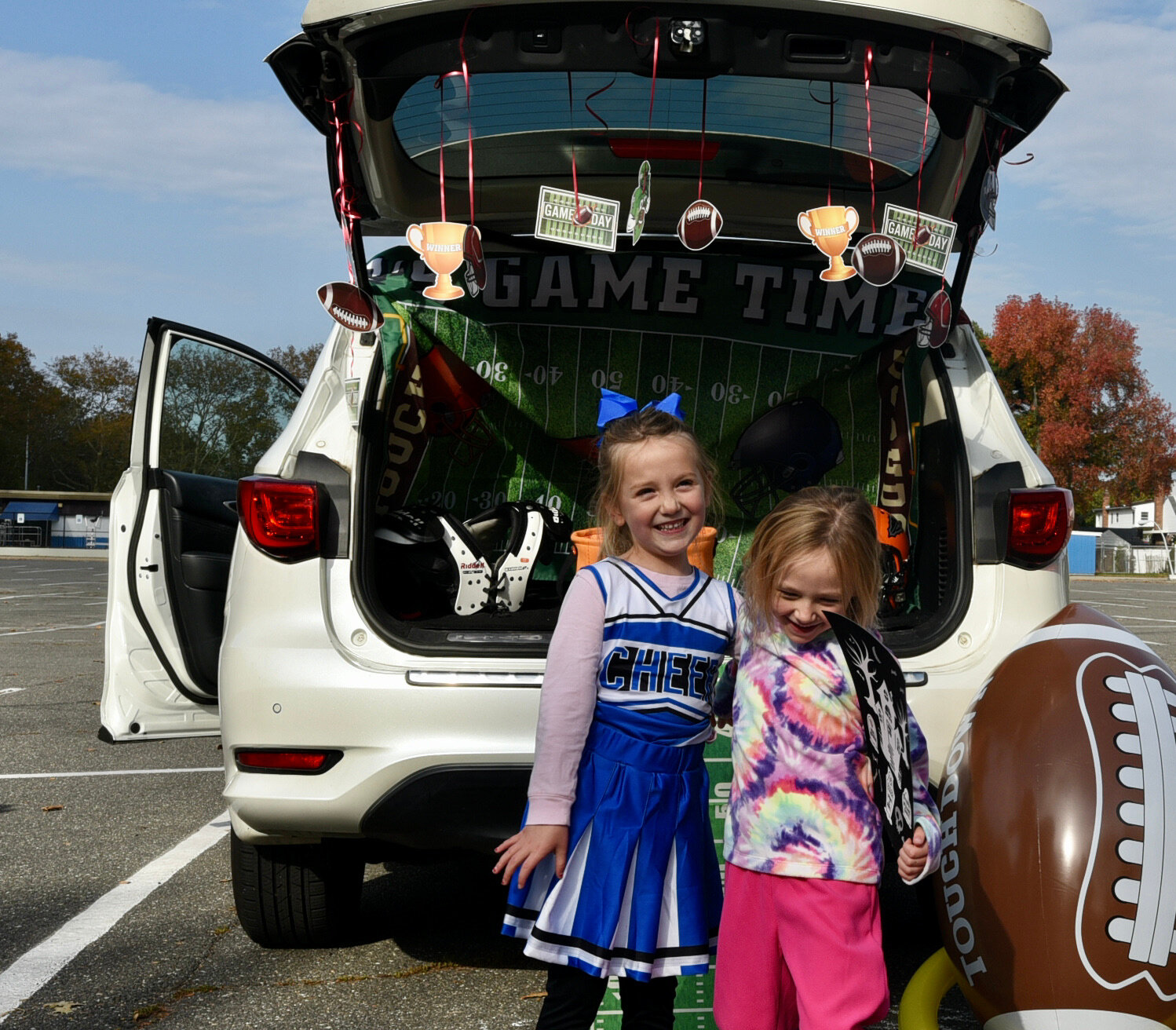 Ellie Curran, 4, and Abigail Dray, 5, were game-time ready at the trunk-or-treat hosted by the Franklin Square Kiwanis Club last weekend.