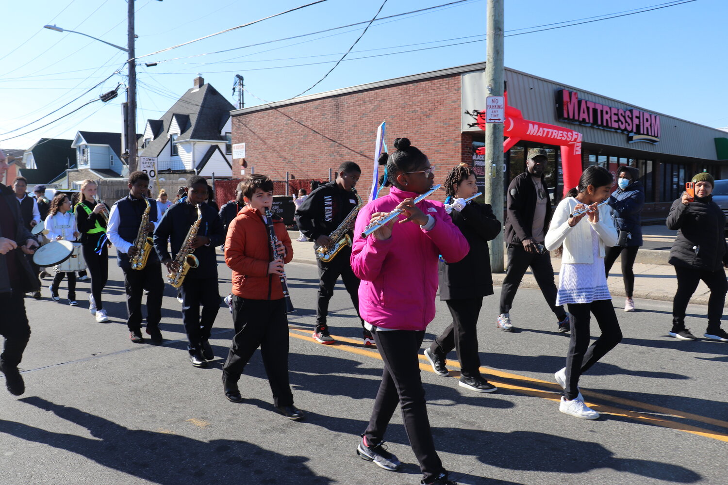 Students from the Elmont school district marching band performed during the parade precession on Nov. 11 from the Elmont Post 1033 to Veterans Square in Elmont.