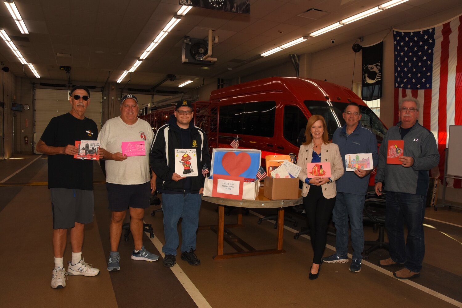 Laura Ryder stopped by Baldwin Fire Department Headquarters to drop off cards that Baldwin students created in appreciation for firefighters. Councilwoman Ryder was joined by Chief Michael Parise and department members Paul Yanantuono, Matt Peletier, Douglas Wiedmann, and Tom Brown.