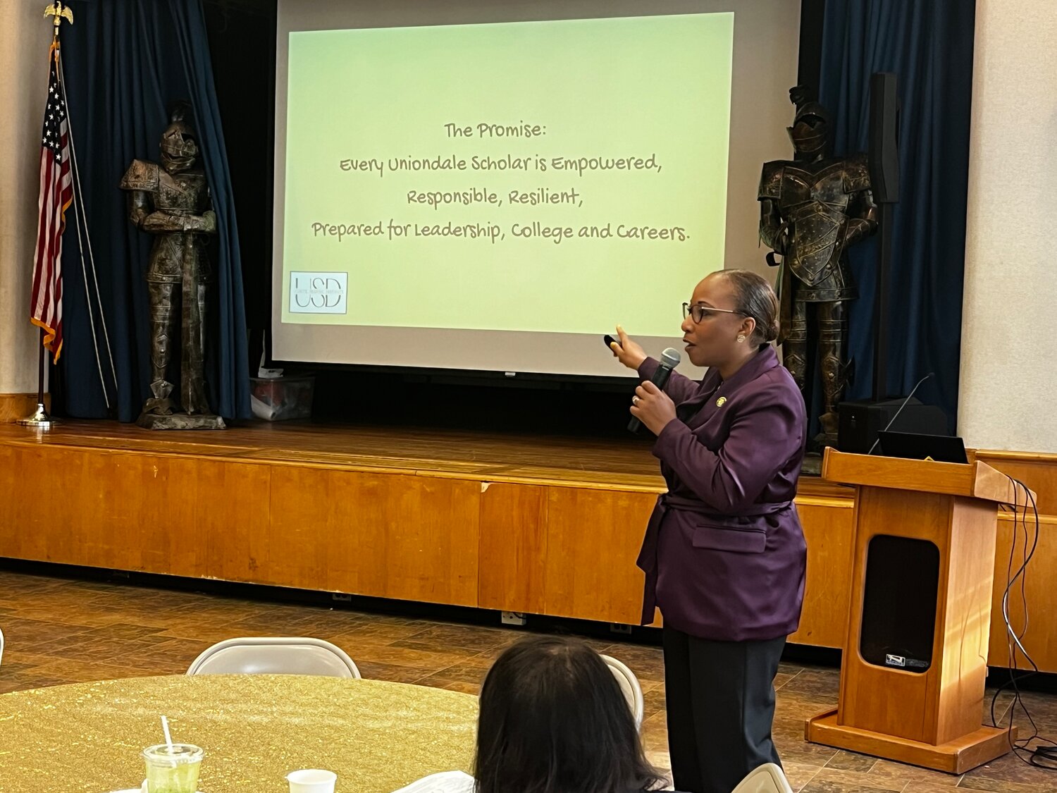 Uniondale’s Superintendent Monique Darrisaw-Akil, giving a presentation on Uniondale’s promise and commitment for its students — that it is their job to ensure that every student to walk through those halls is empowered, responsible, resilient, and prepared for not just college, but also leadership, and ultimately a career.