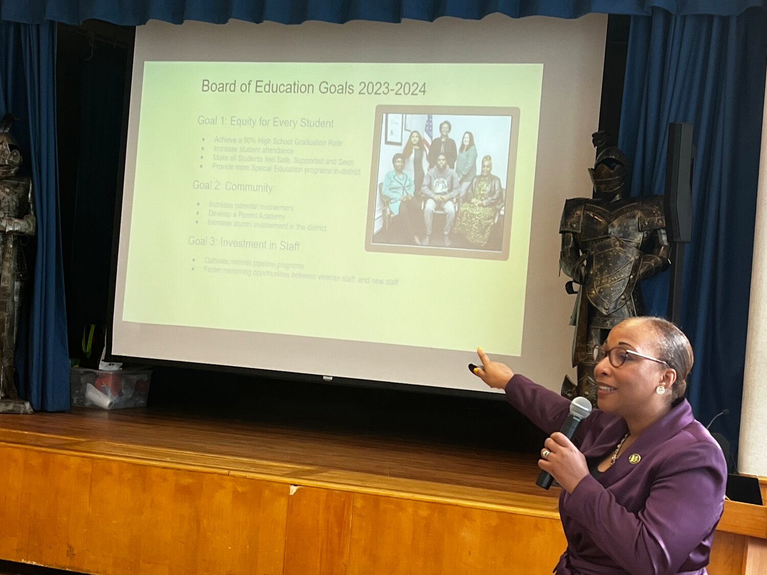 Uniondale’s Superintendent Monique Darrisaw-Akil, giving a presentation on the district’s goals for this school year, breaking down how they will achieve each.