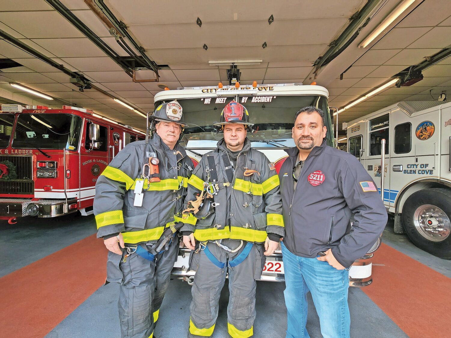 Volunteers Dave Spy, Andrew Melillo and Carlos Cardenas after responding to a carbon dioxide alarm at the Webb Institute last year. They are encouraging community members to volunteer at the fire station.