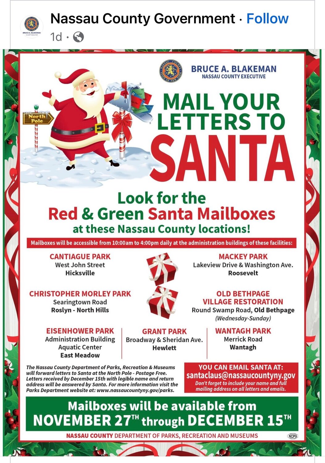 From Nov. 27 through Dec. 15, mail your letters to the jolly man in the red jacket at select Nassau County operated parks.