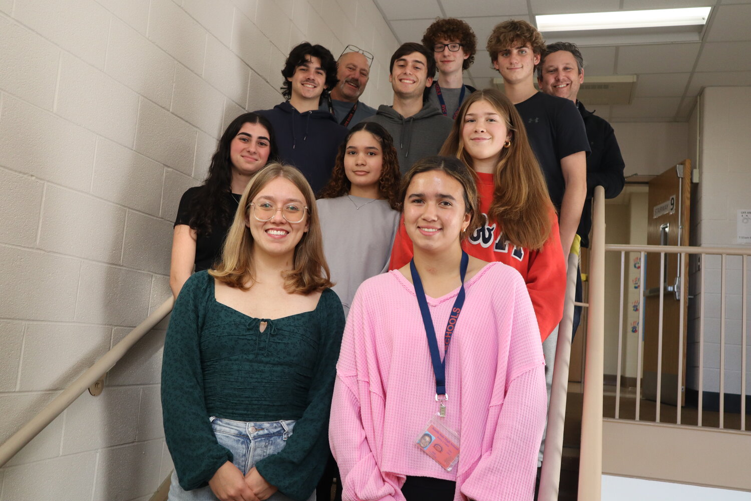 South Side seniors are preparing to compete on a national level. Front row, Natalia Skrodski, left, Avery Testa; second row, Sophia Bracco, left, Allison Paulino and Bianca Oronato; third row, Noah Feigenbaum, left, Sergio Rosa, Dominic Rosiello; and back row: Research coordinator Herb Weiss, left, Francis Hassin, and science teacher Todd Russo.