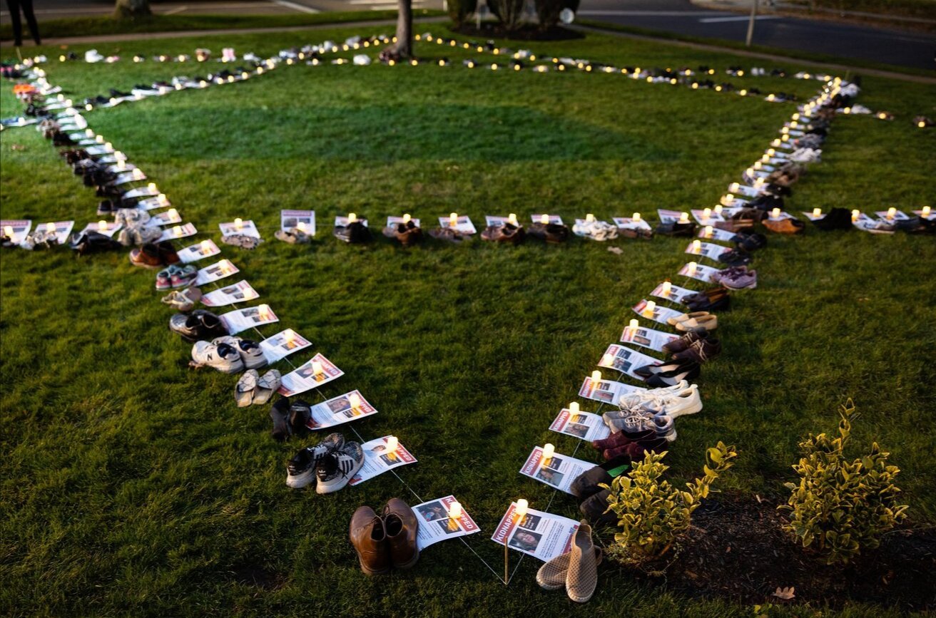 Temple Beth Am of Merrick and Bellmore formed a display of shoes into the Star of David, to create a visual representation of the hostages in Gaza.