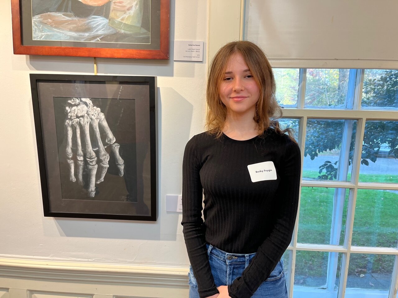 Becky Feygin’s skeleton hand drawing was displayed at the Art Guild, in Manhasset, along with the work of 74 other Nassau County high school students.
