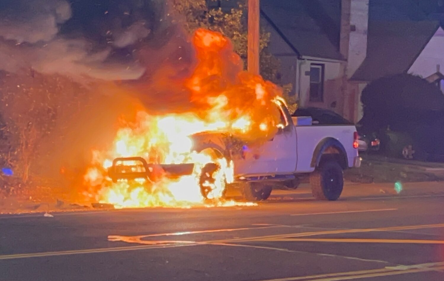 The Lynbrook and Malverne fire departments arrived on the scene to find a pickup truck fully engulfed in flames.