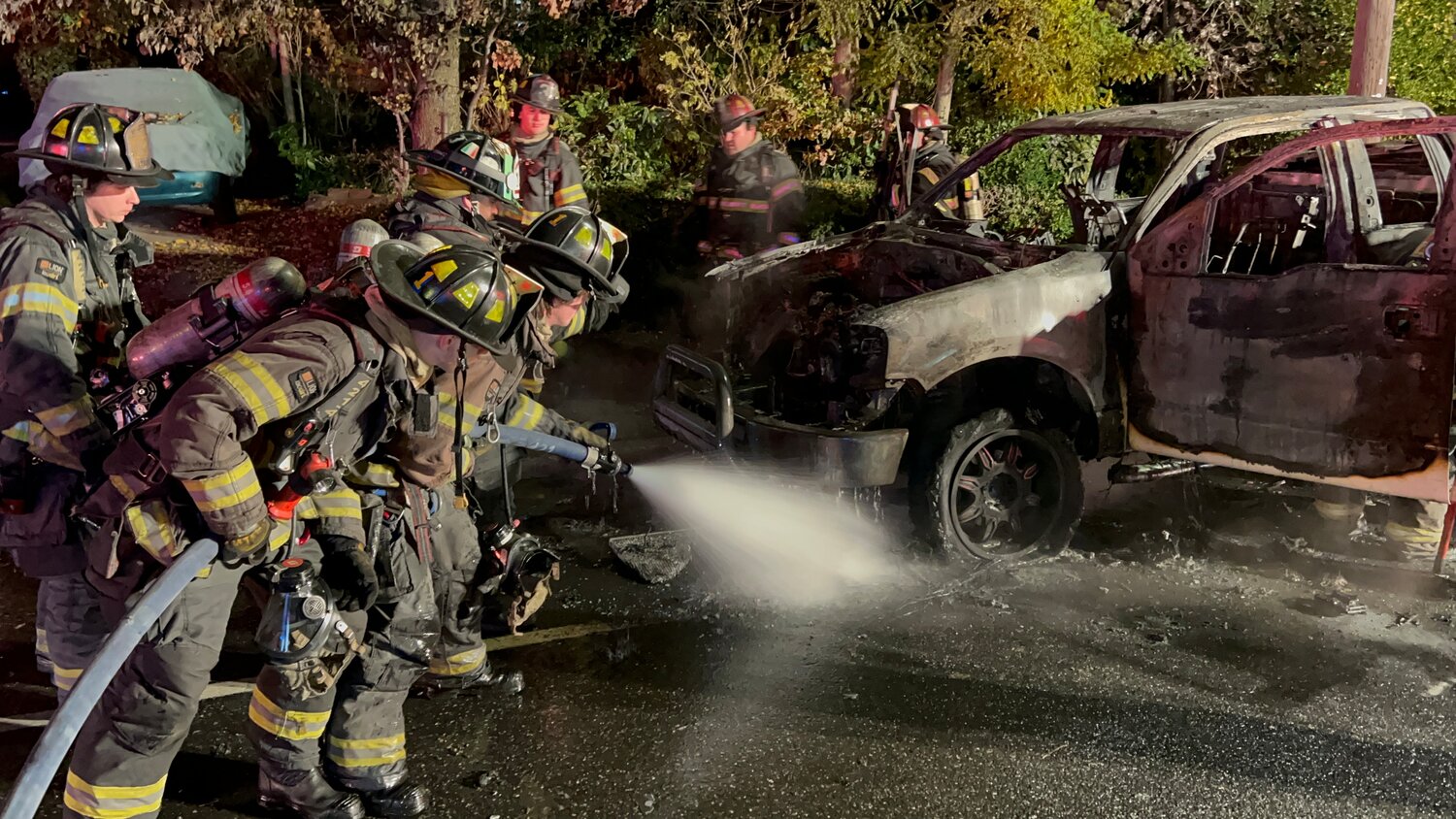 The pickup truck was decimated by the fire — but thanks to the quick work of Lynbrook and Malverne firefighters, no one got hurt.