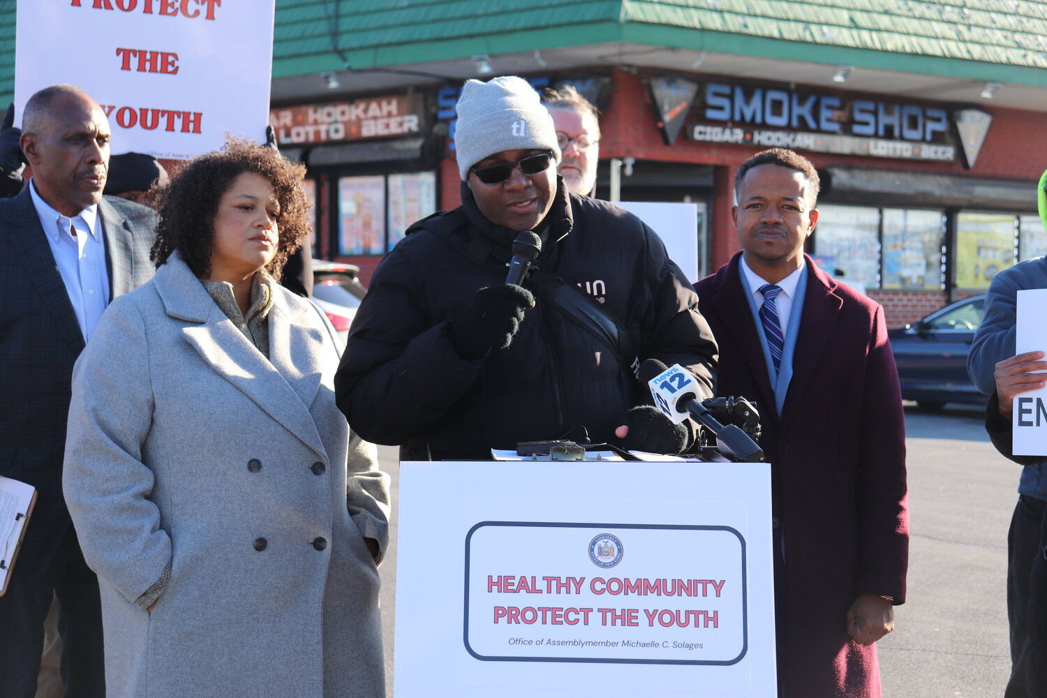 Gotham Avenue School Parent Teacher Association vice president Dale Davis, a father in the Elmont community, speaks out against the harm that vape products can cause at a presser with Assemblywoman Michaelle Solages and County Legislator Carrié Solages.
