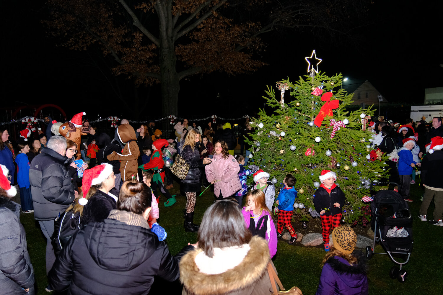 A crowd of community members watch as the tree is lit in Garden City South Park for the Community League of Garden City South’s Christmas tree lighting ceremony.