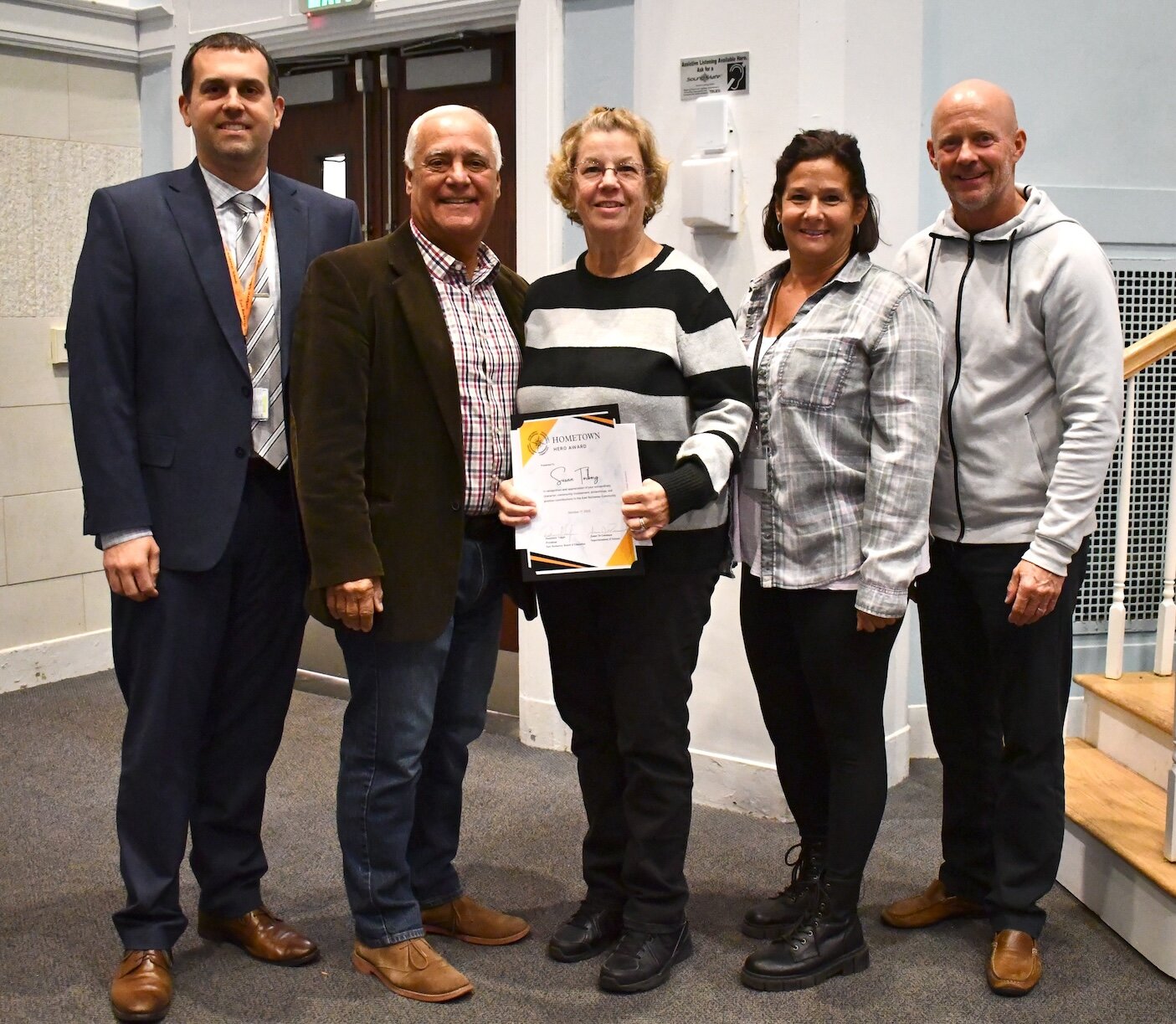 The East Rockaway Board of Education recognized Susan Torborg as the October ‘Hometown Hero’ during the Nov. 14 board meeting. Torborg has served as an office clerk, a lunch monitor, a security guard, an athletic supervisor and more during her decades-long career with the district. Now a grandmother of 8, she retired earlier this year — but still comes into the office to help out.