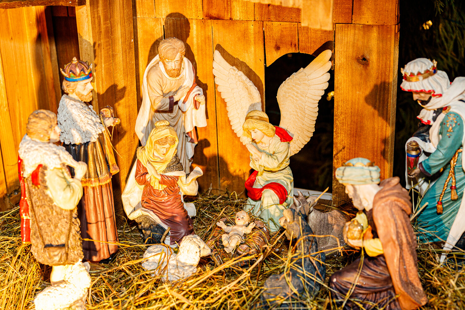 The Nativity scene lit up during Lynbrook village’s Blessing of the Créche. The Nativity scene represents the birth of Jesus as represented in the Bible.