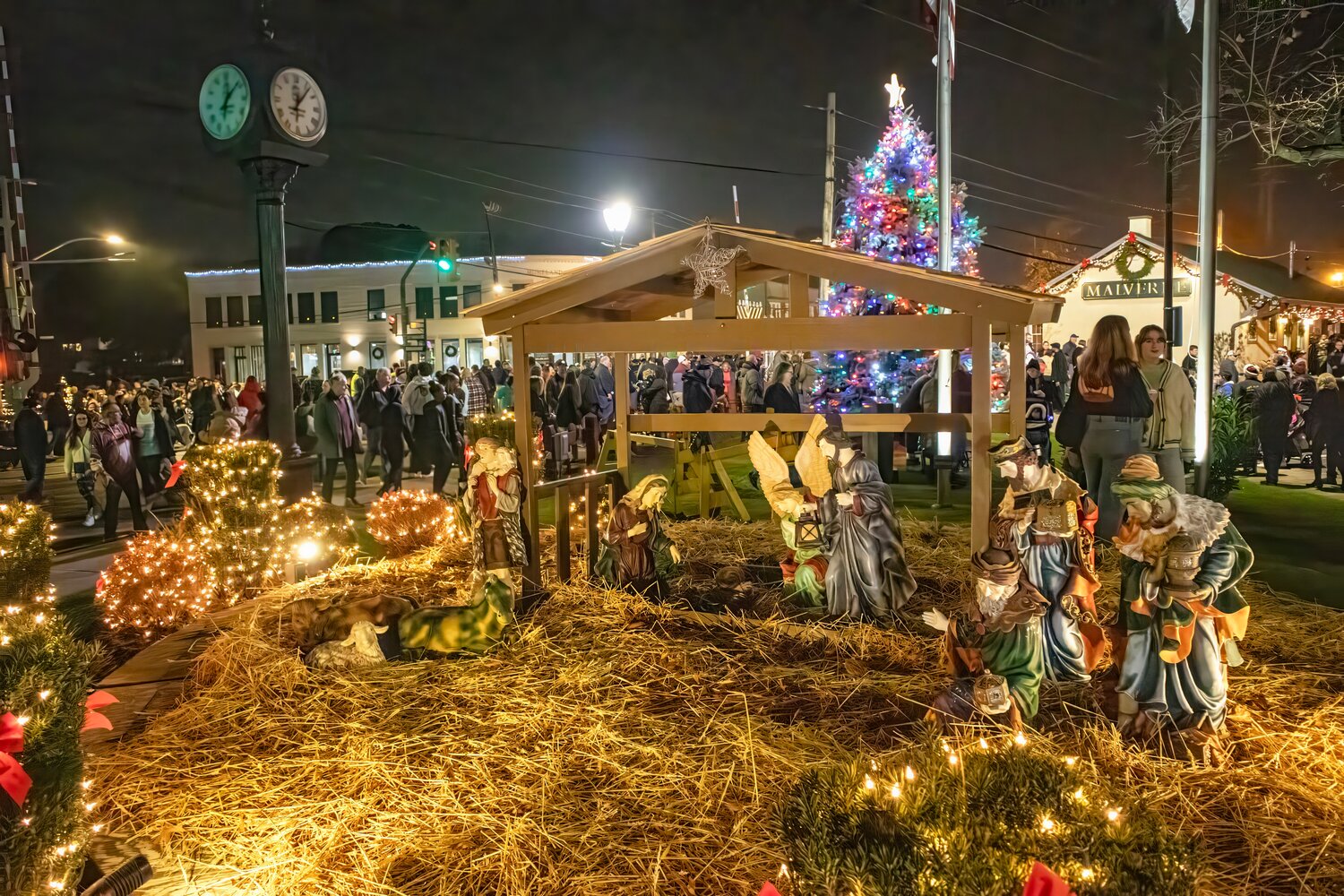 The Nativity scene lit up during Malverne Village’s Blessing of the Créche. The Nativity scene represents the birth of Jesus as represented in the Bible.