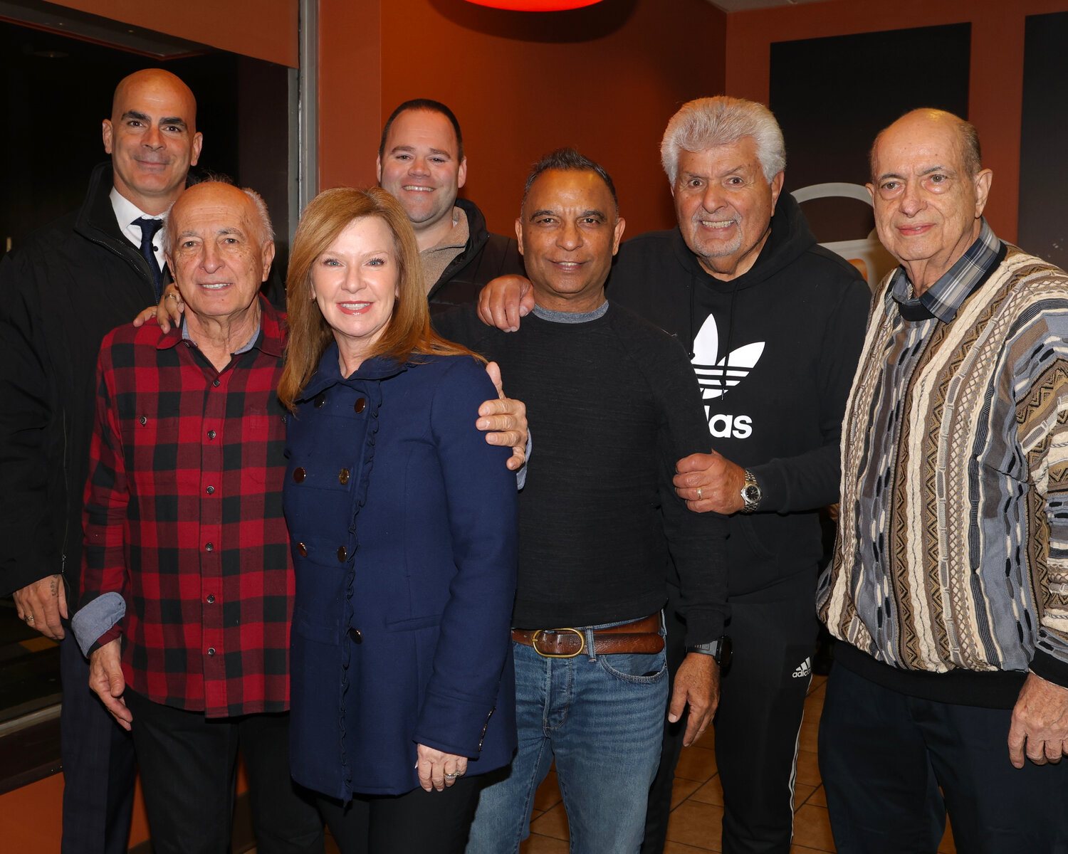 More locals are gathering for Dunkin’ doo-wop nights in Oceanside. At the most recent session were, from left, County Legislator Patrick Mullaney, Michael Campiglia, Councilwoman Laura Ryder, Mike Graham, Dunkin’ Owner Rocky Sheikh, Jimmy LaMarca and Oceanside Chamber of Commerce board member Joe Ponte.