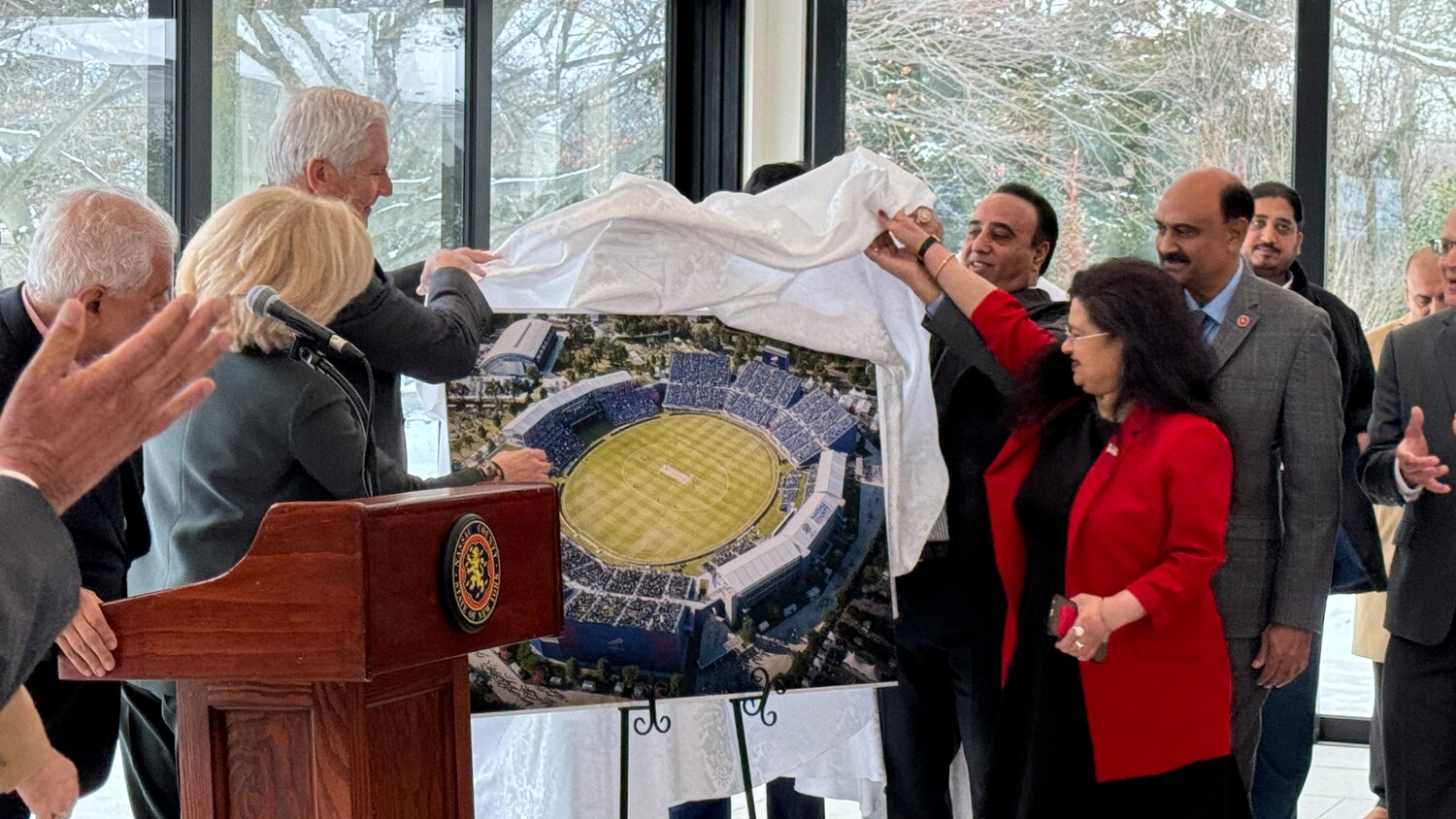 Nassau County officials and members of the local host committee for the T20 Cricket World Cup unveiled the renderings of a temporary cricket stadium intended to  be built in Eisenhower Park, holding up to 35,000 fans. Games will be played in East Meadow between June 3 and June 12.