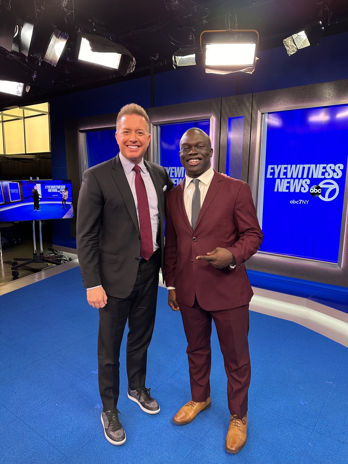 Ryan Field, WABC-TV sports reporter, with Yaw Bonsu, a Hofstra student who will be covering the Super Bowl for the university’s radio station.