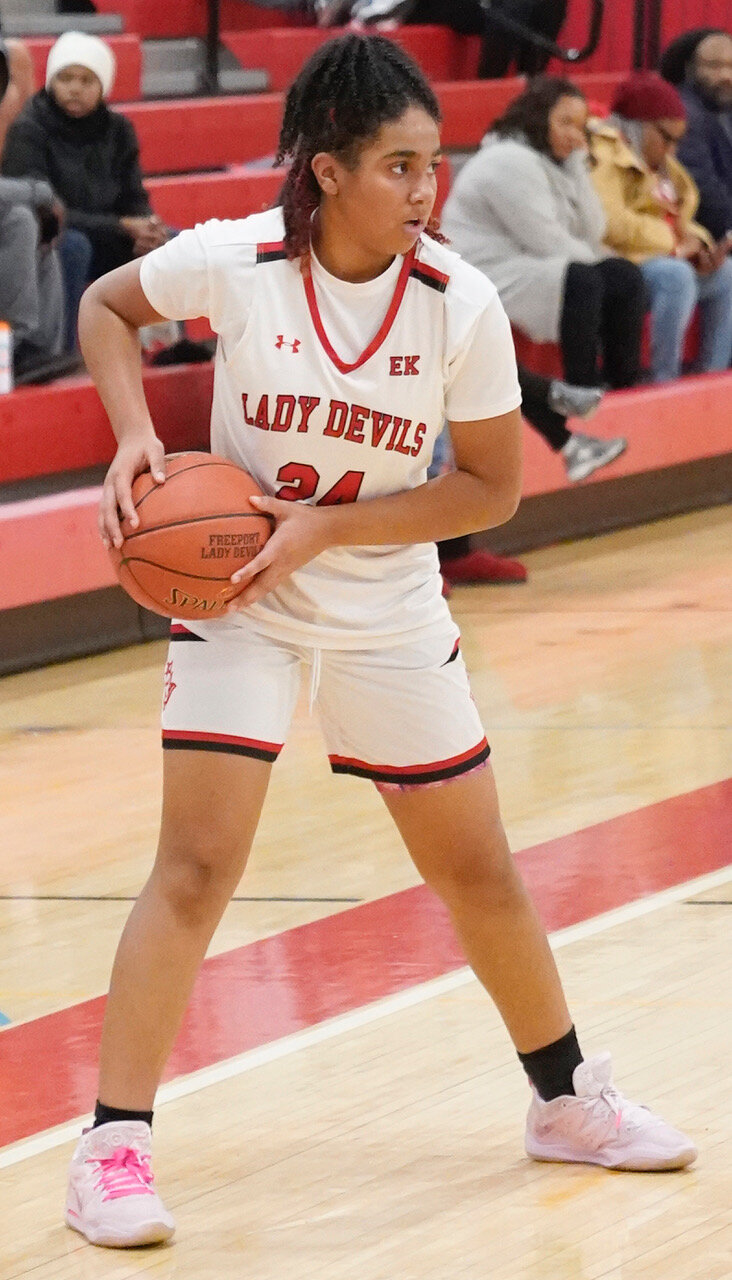 Freshman Madison Harris was part of an all-underclassmen lineup for the Red Devils Jan. 17 when they rolled to a convincing win over Westbury.