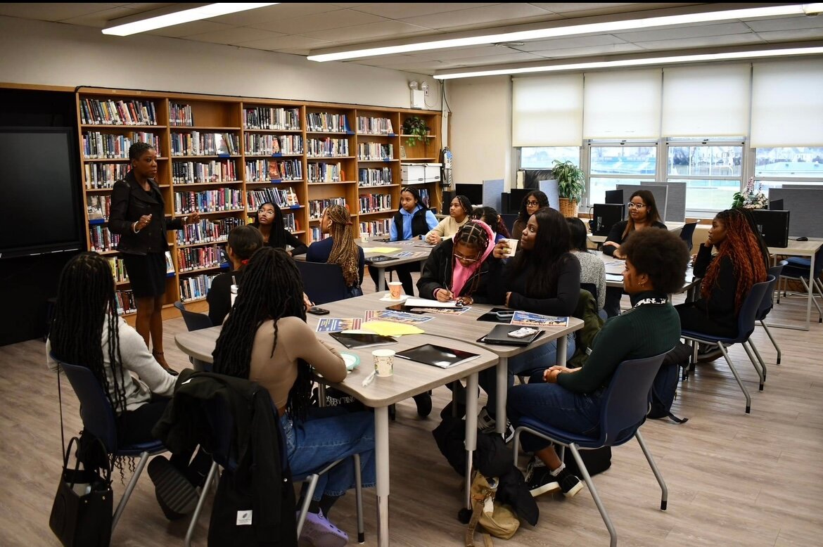 Nassau County Legislator, Siela Bynoe, talking in front of the students from Malverne and Uniondale on her experience, and giving insight and advice on navigating through the legislative process.